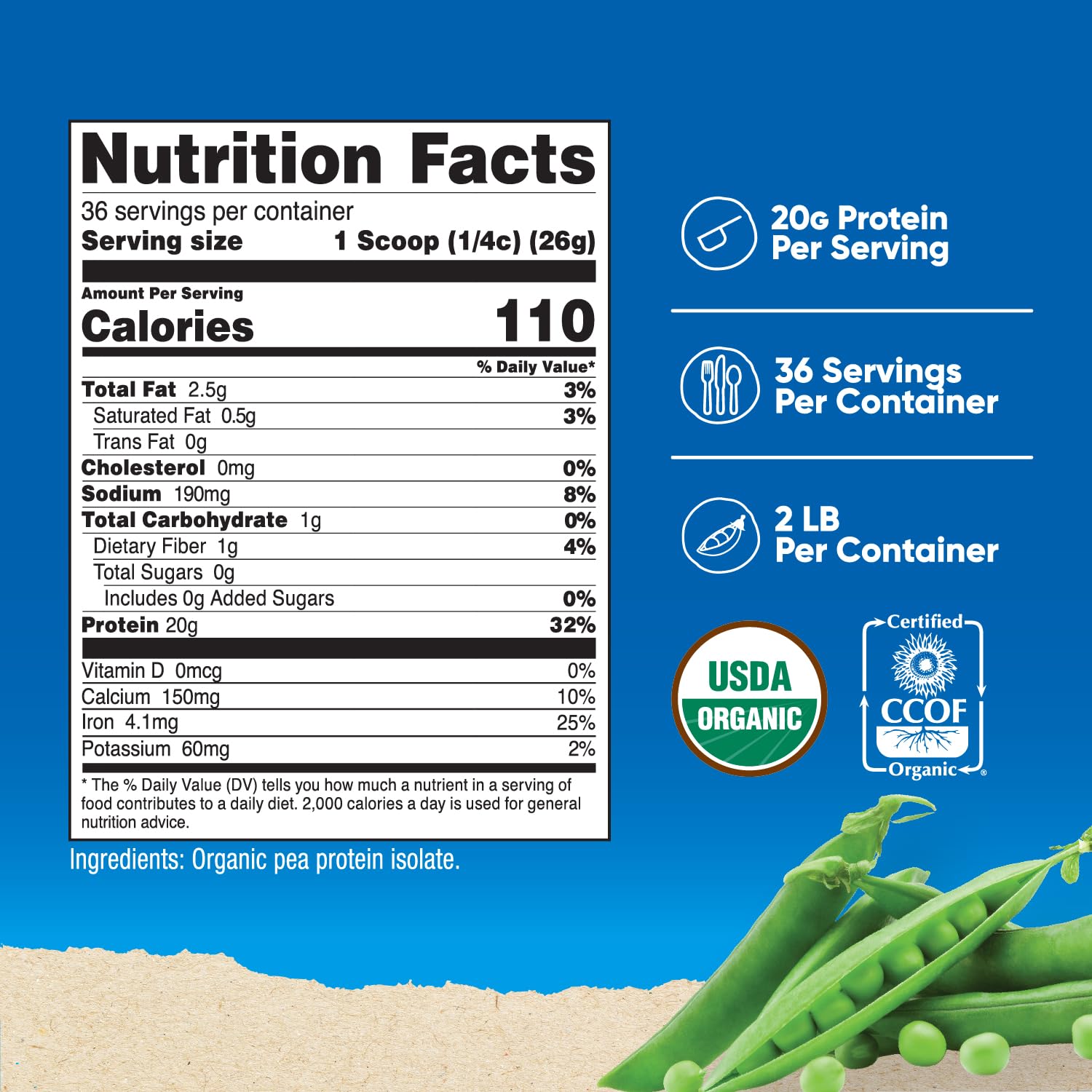 Nutricost pea protein scoop shows 20 g protein per serving for meal supplementation.