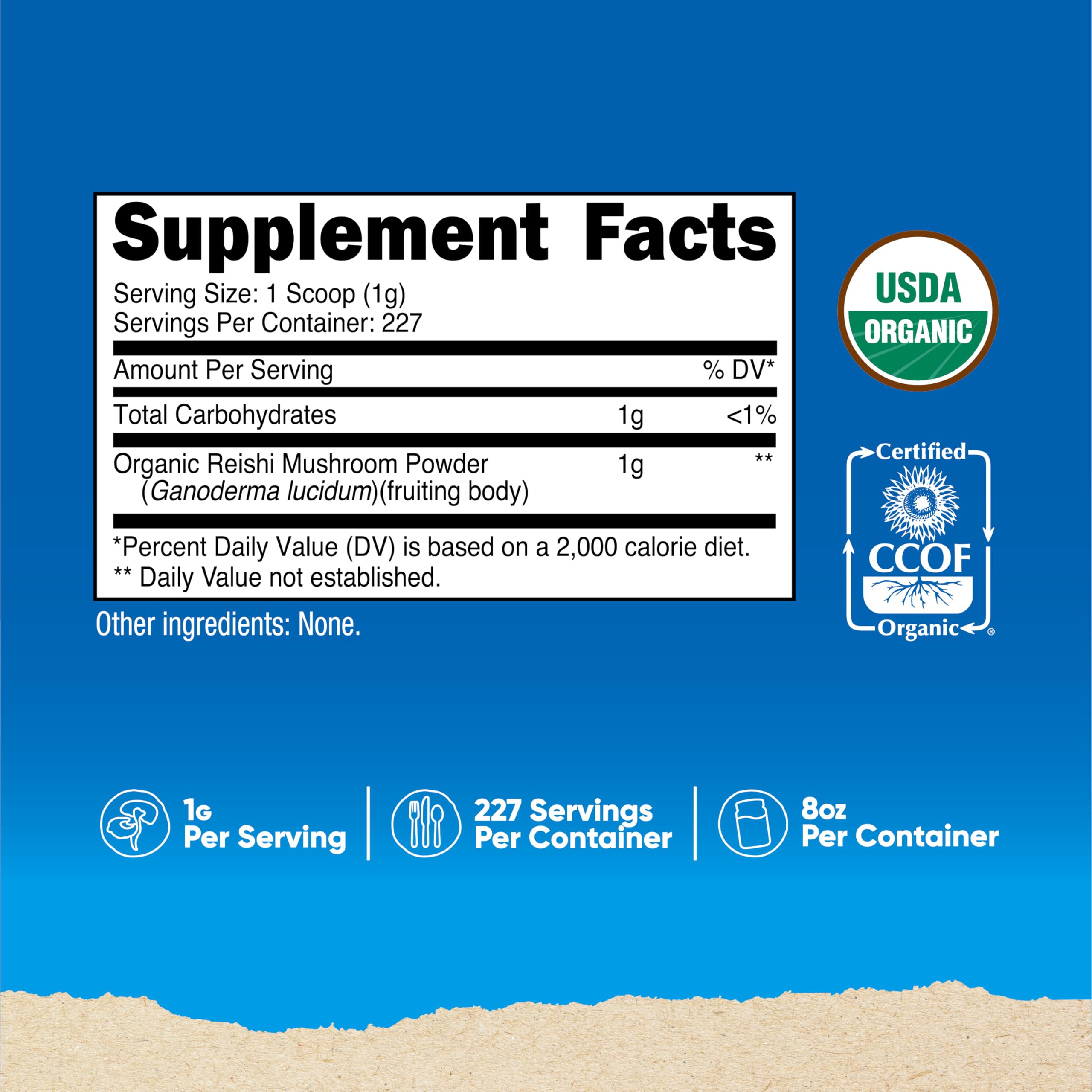 Nutricost Reishi powder scoop and container for precise, convenient 1 g servings.