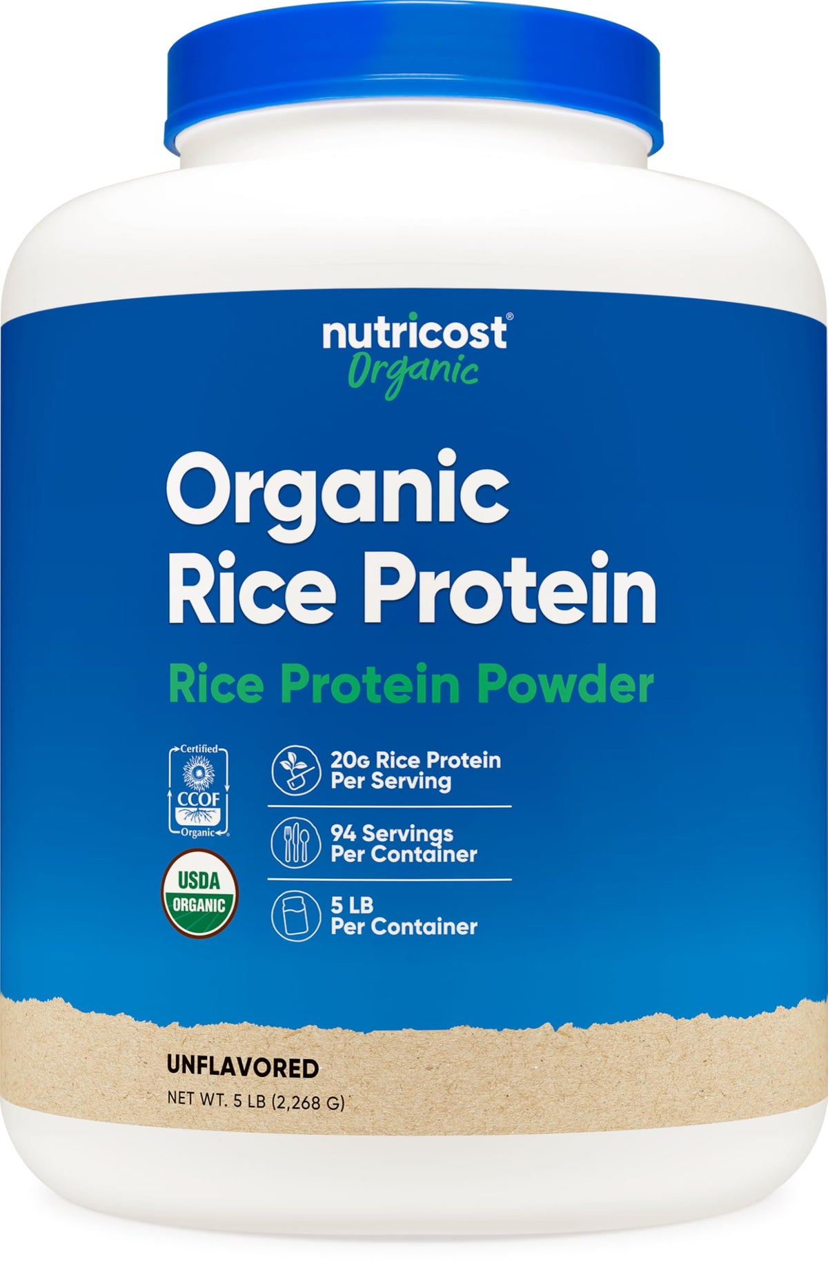 Nutricost Organic Rice Protein Powder 5 lb tub, ideal for plant-based meals and gluten-free diets.
