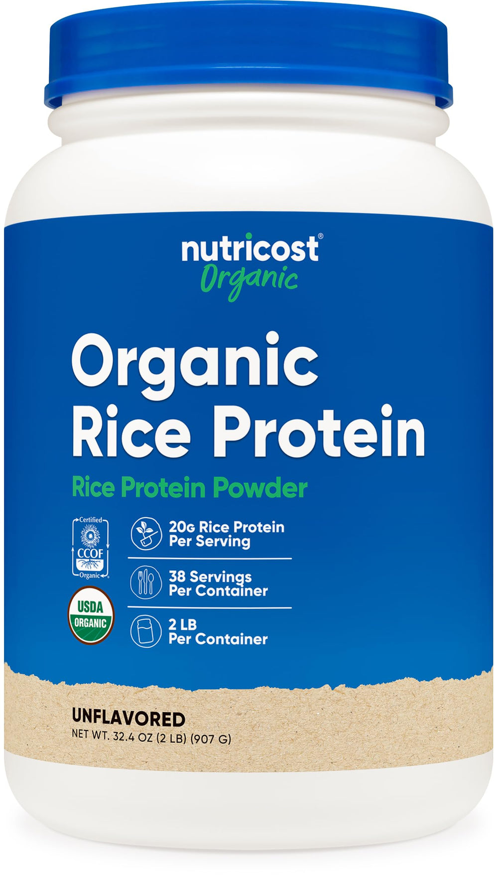 Nutricost Organic Rice Protein Powder package front highlights gluten-free, non-GMO formula.