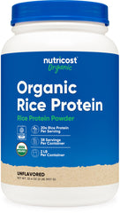 Nutricost Organic Rice Protein Powder package front highlights gluten-free, non-GMO formula.