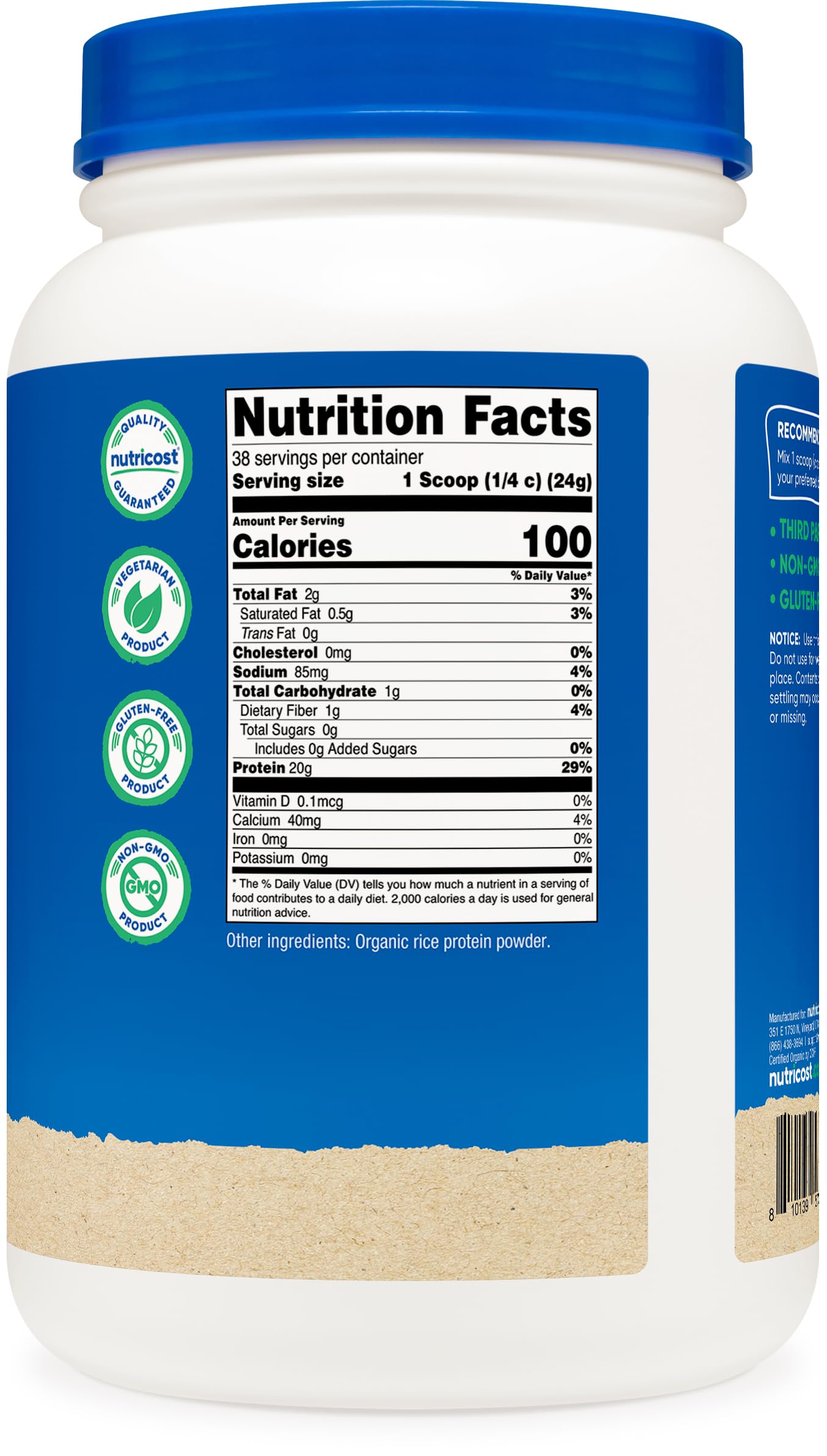 Nutricost Organic Rice Protein Powder pouring into a glass shows versatile use.