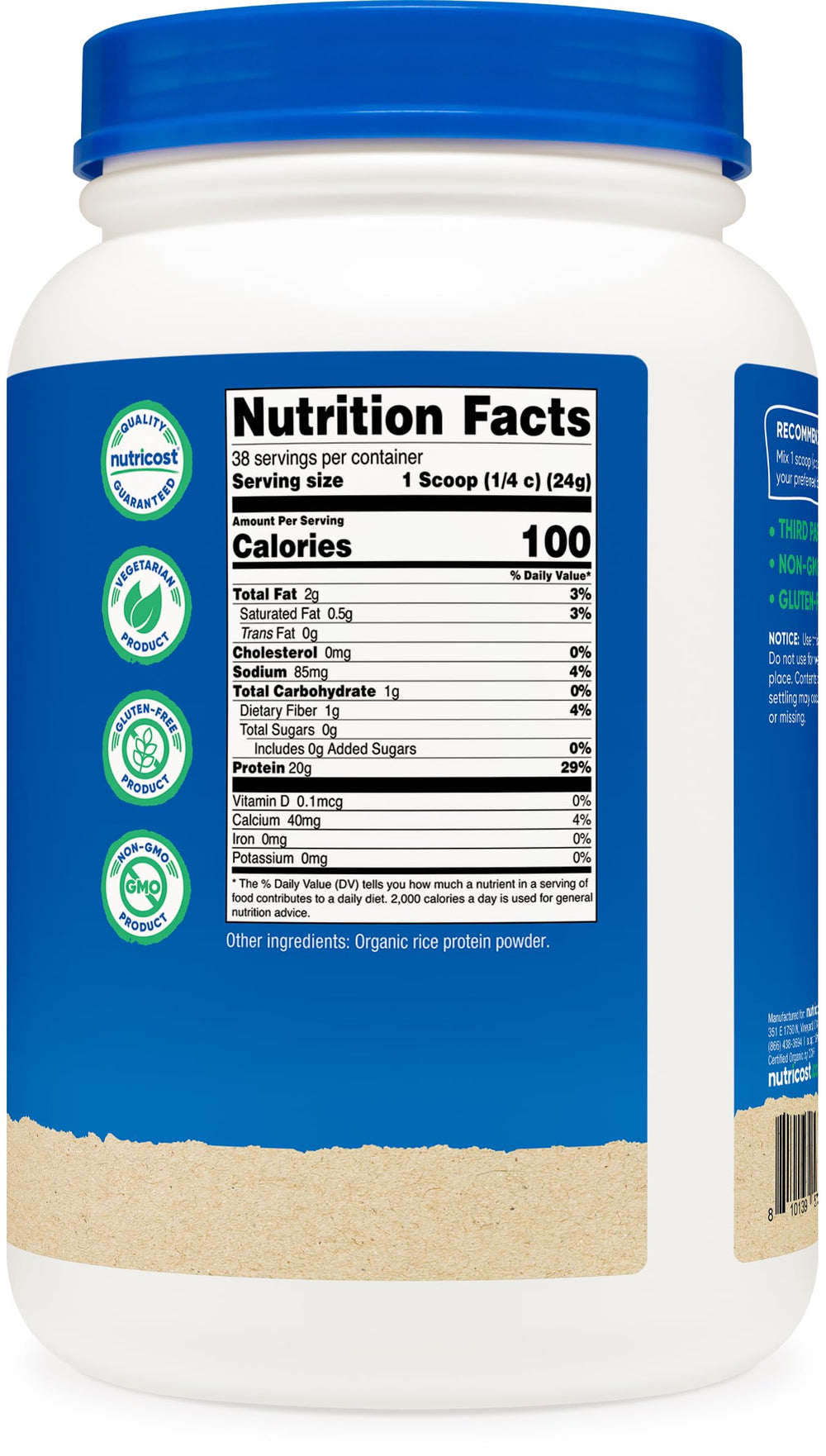 Nutricost Organic Rice Protein Powder pouring into a glass shows versatile use.