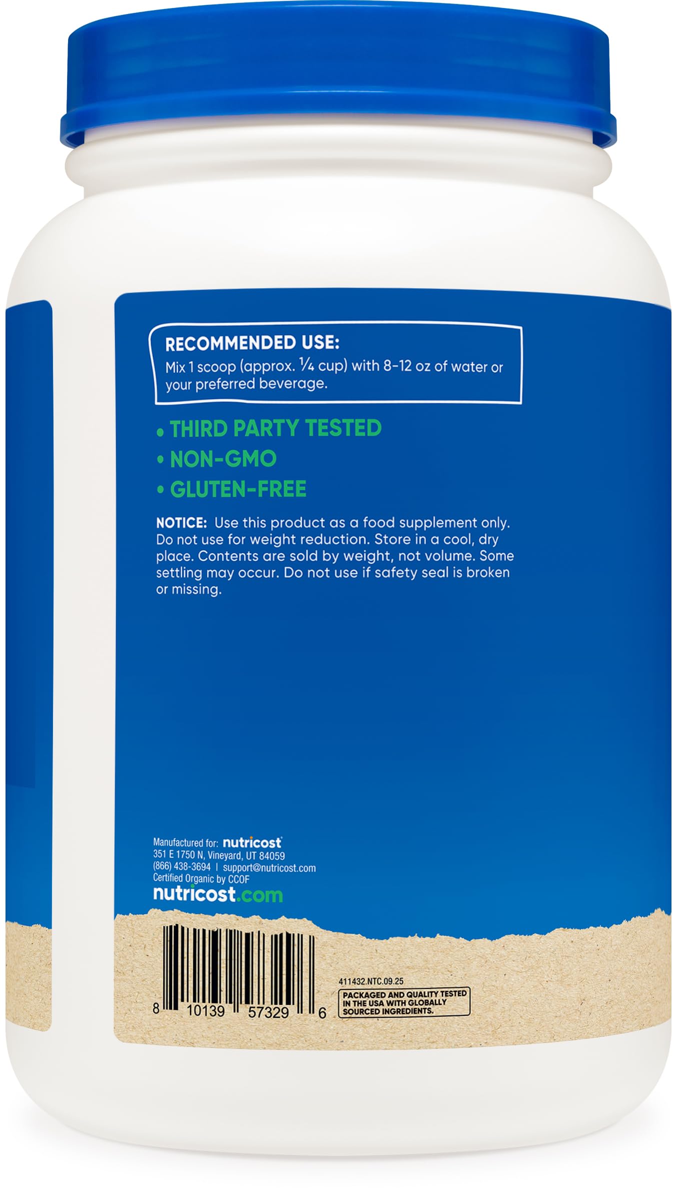 Nutricost rice protein powder scoop illustrates simple measurement for workouts.