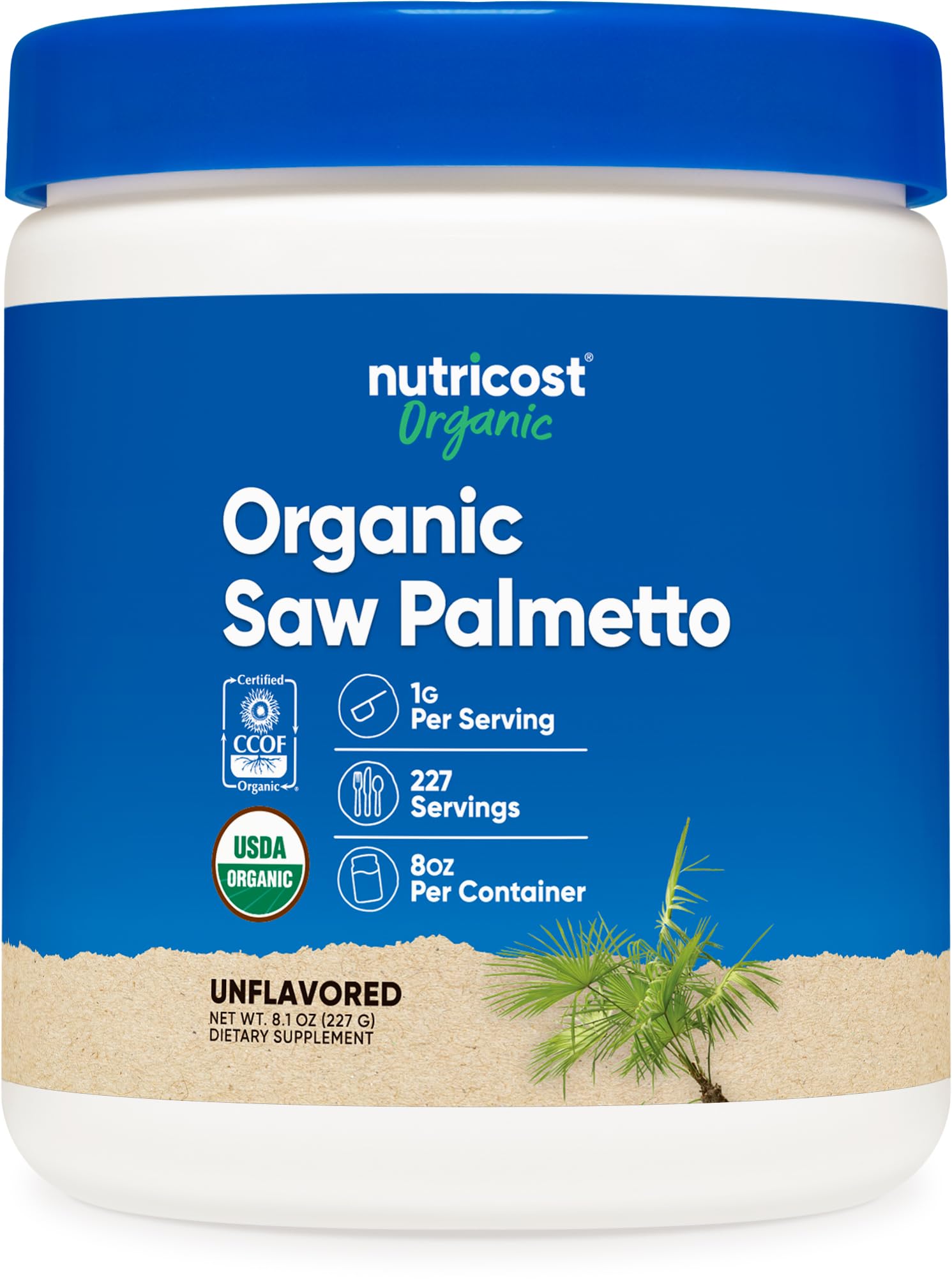 Nutricost Organic Saw Palmetto Powder bottle, ideal for daily use and easy dosing.