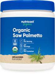 Nutricost Organic Saw Palmetto Powder bottle, ideal for daily use and easy dosing.