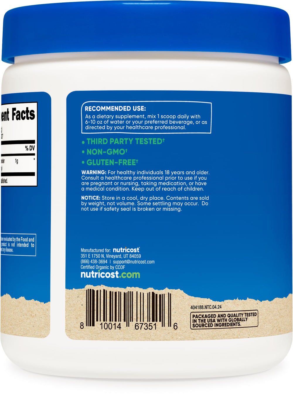 Close-up of Nutricost label showing USDA Organic certification on the Saw Palmetto Powder.