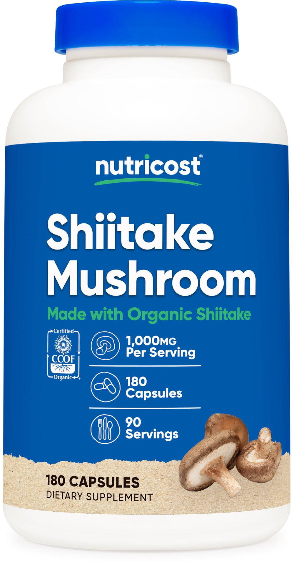 Nutricost Organic Shiitake Capsules bottle on shelf for daily vegetarian use