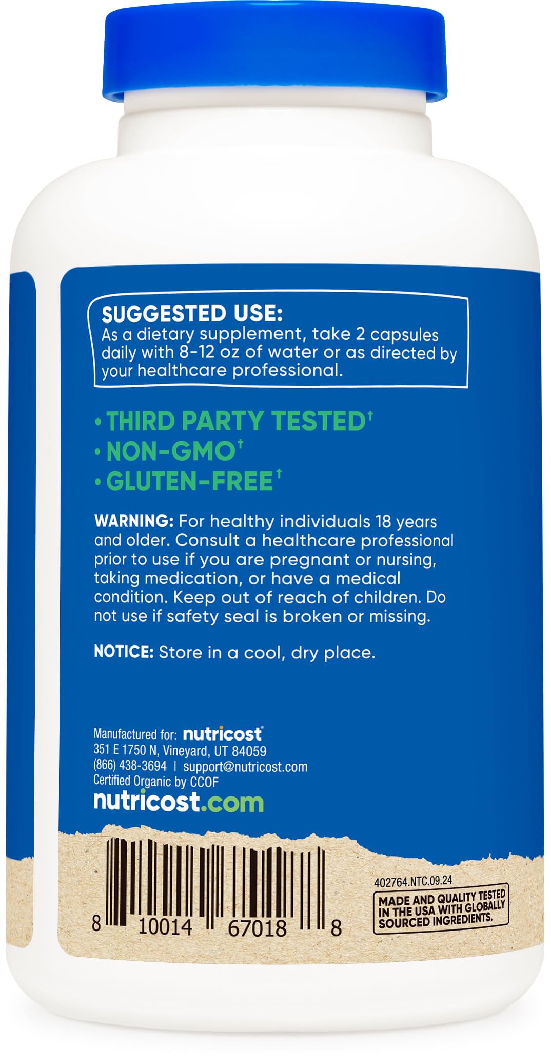 Nutricost label emphasizing gluten-free, non-GMO, and vegetarian features