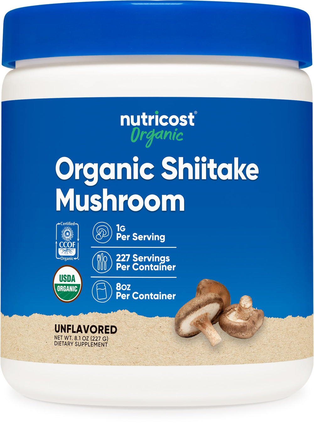 Nutricost Organic Shiitake Powder bottle front with 100% organic and gluten-free labeling