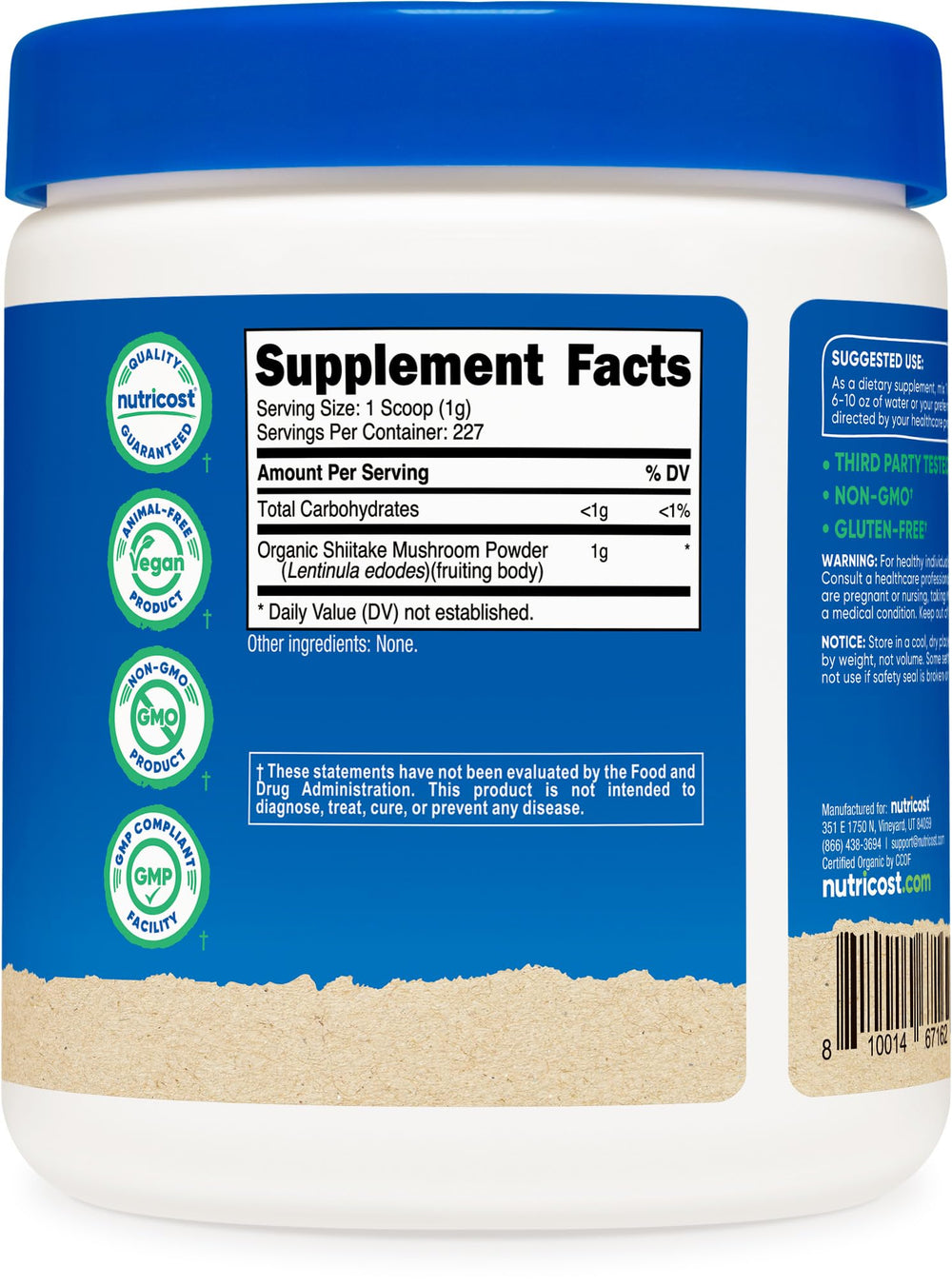 Nutricost Shiitake Powder certifications label highlighting GMP and ISO testing