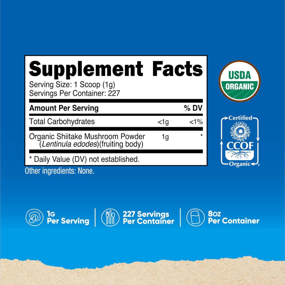 Nutricost Organic Shiitake Powder scoop showing 1g serving for easy dosing