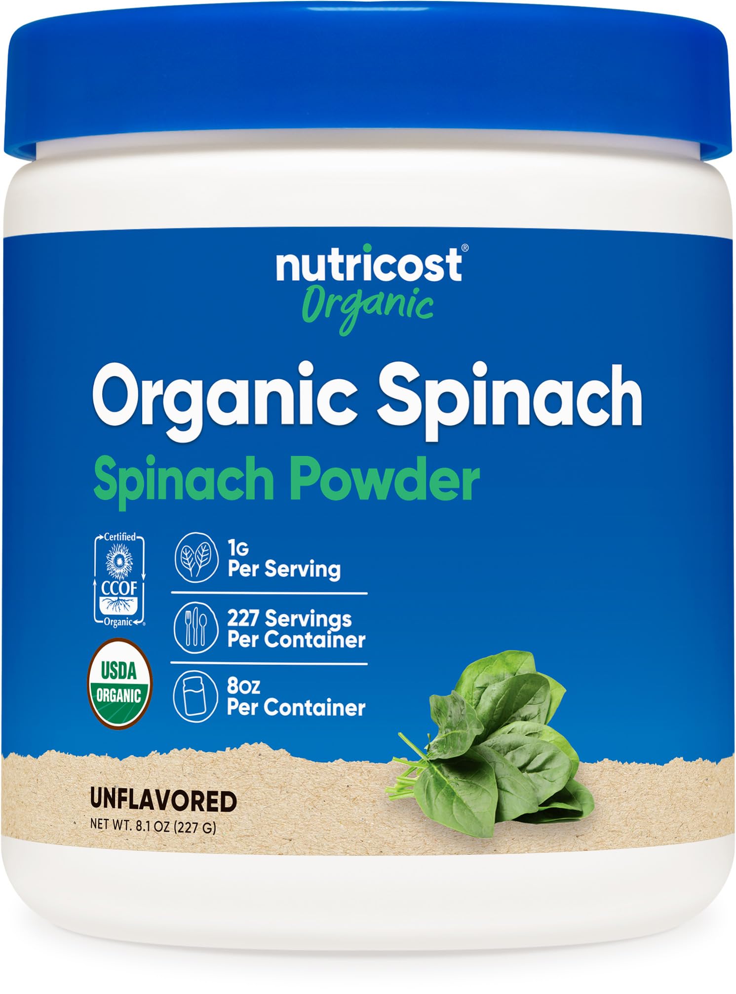 Nutricost Organic Spinach Powder bottle for convenient daily greens, non GMO and gluten free.