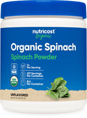Nutricost Organic Spinach Powder bottle for convenient daily greens, non GMO and gluten free.