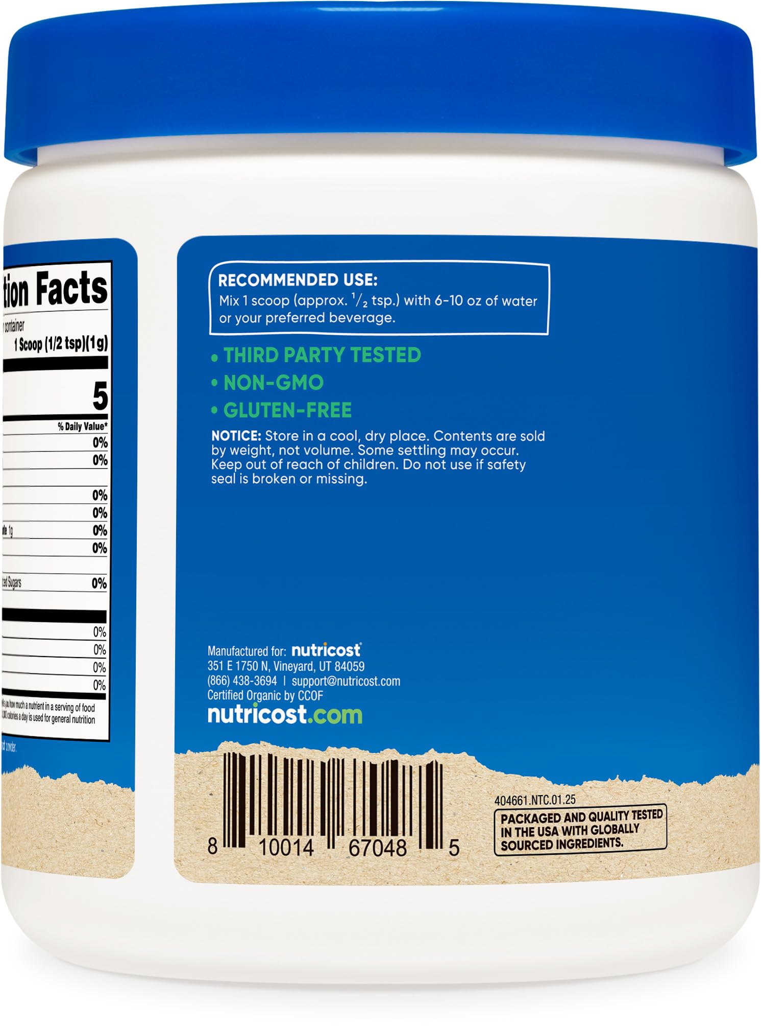 Close up of Nutricost label with USDA Organic certification noted.