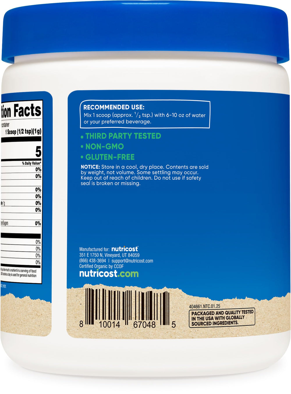Close up of Nutricost label with USDA Organic certification noted.