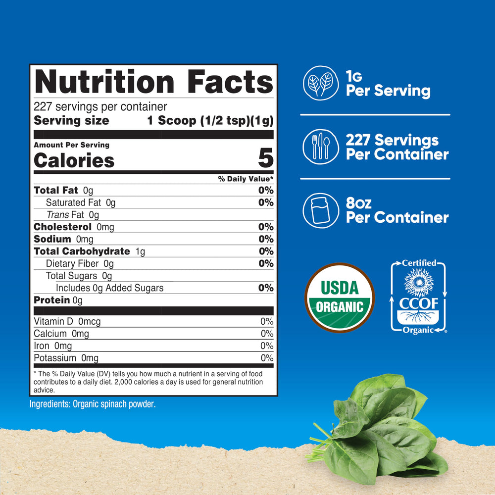 Nutricost Organic Spinach Powder scoop beside bottle for easy portioning.