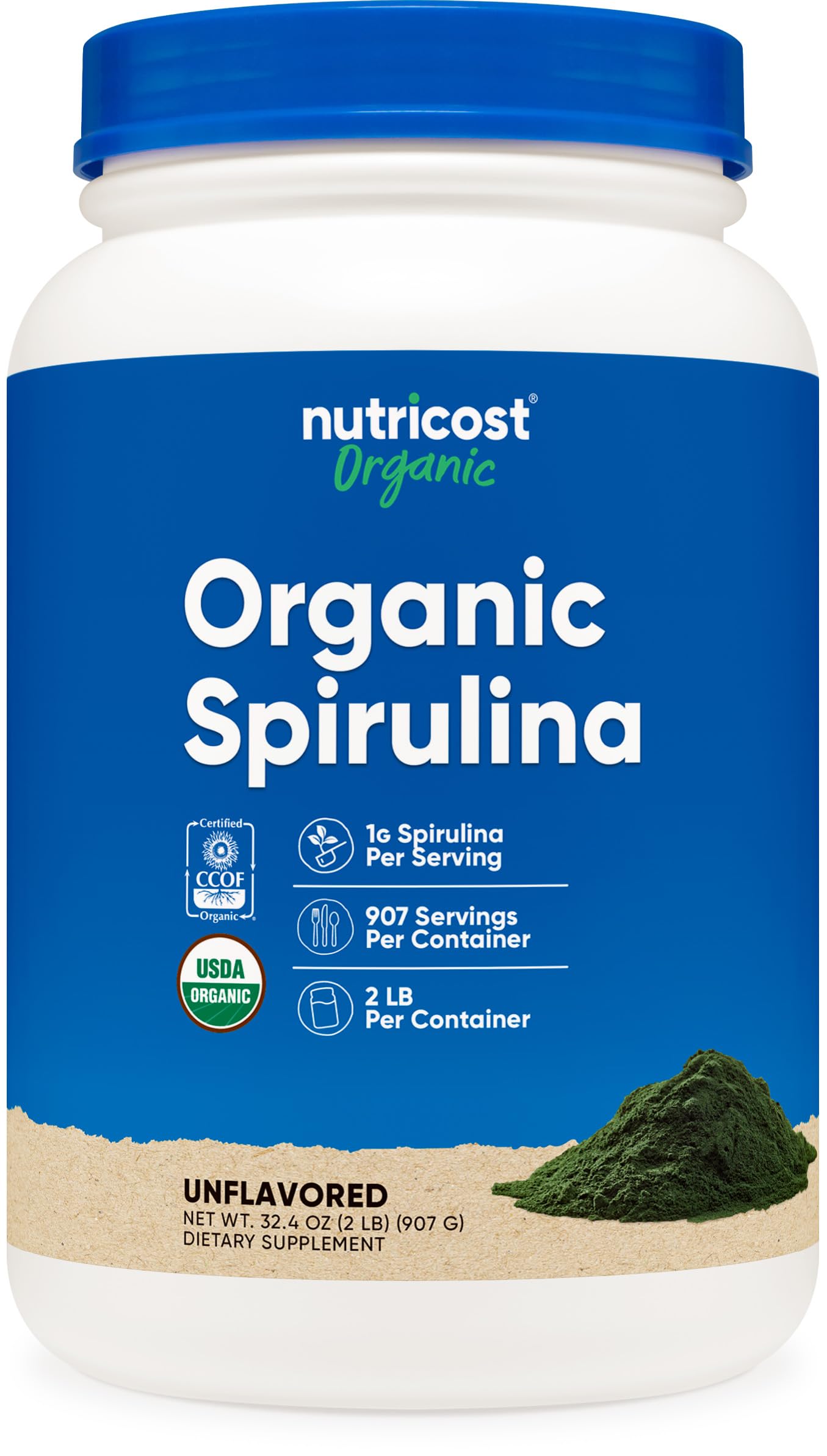 Nutricost Organic Spirulina Powder 2 lb bottle front, a natural protein source.