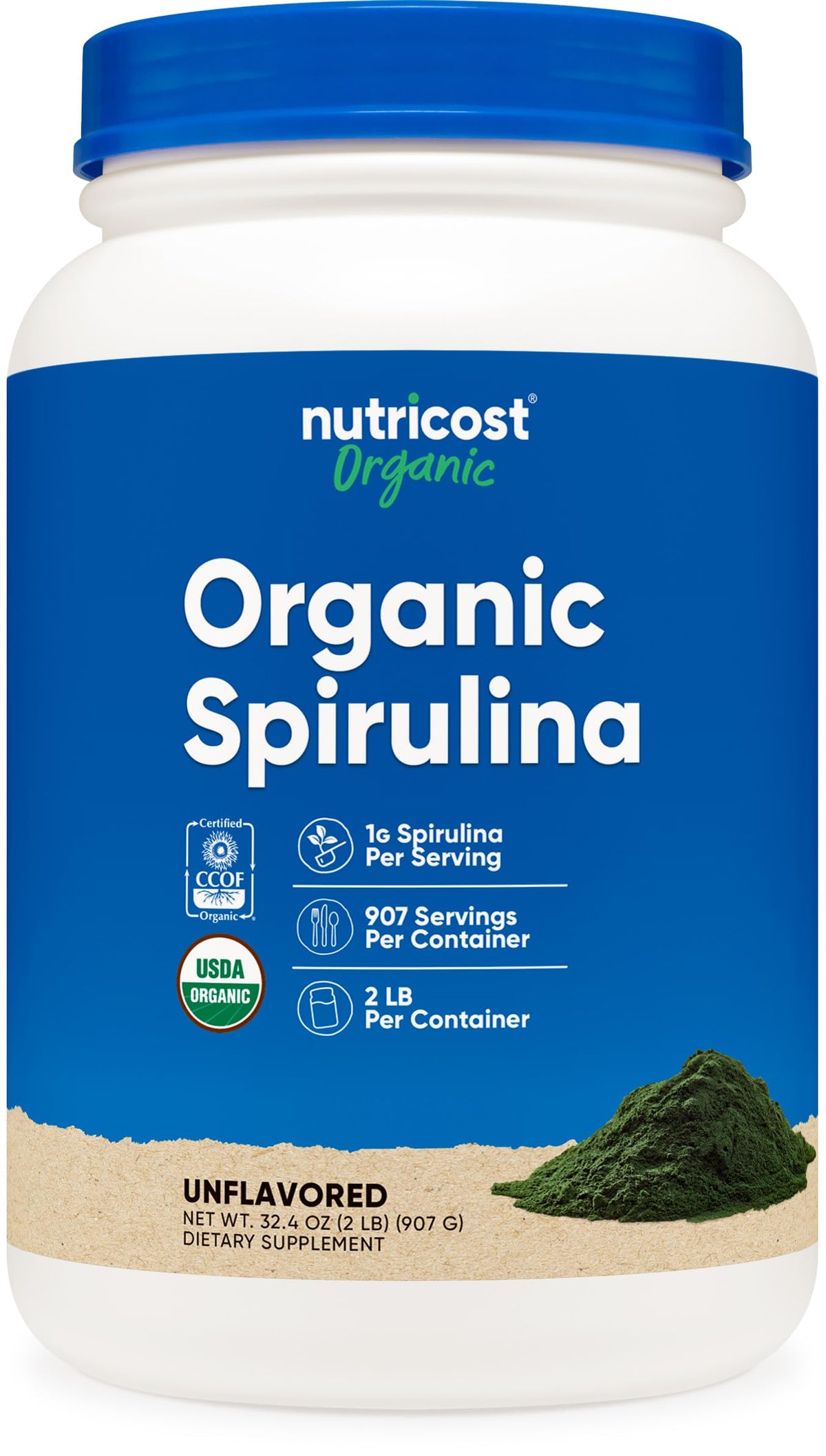 Nutricost Organic Spirulina Powder 2 lb bottle front, a natural protein source.