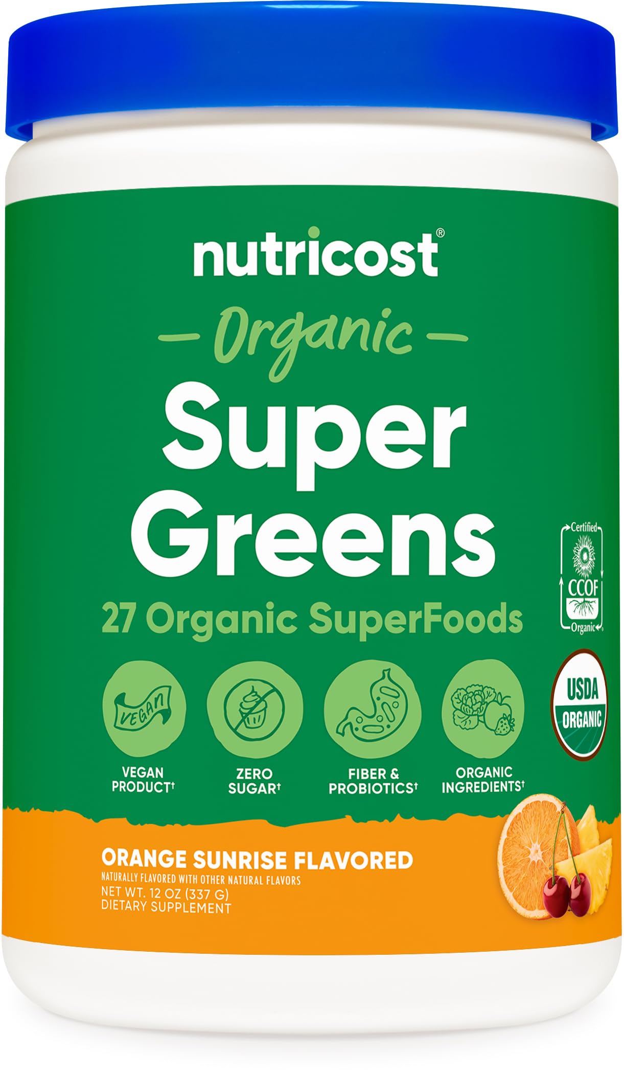 Nutricost Organic Super Greens Orange Sunrise tub for daily nutrition.