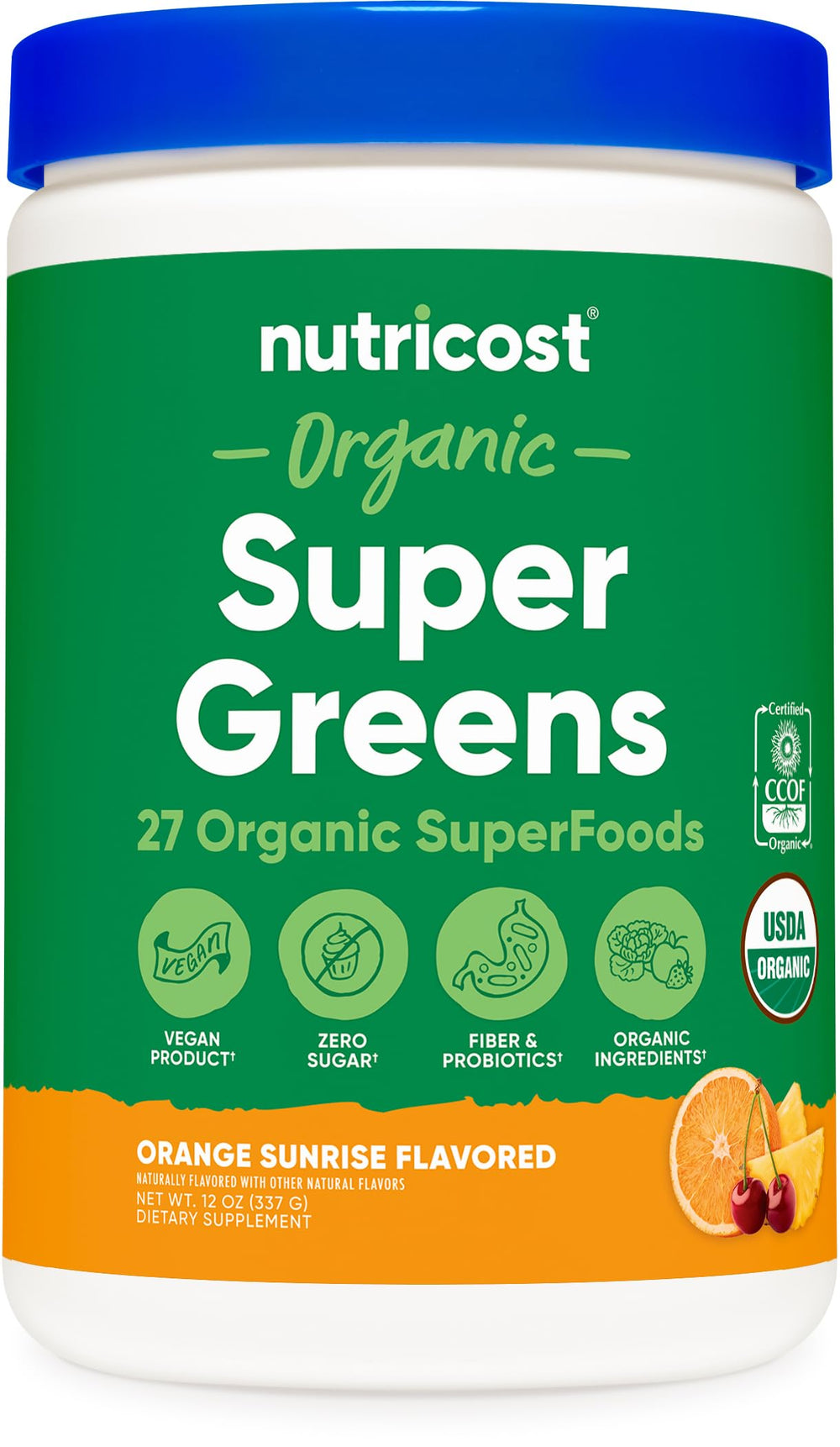 Nutricost Organic Super Greens Orange Sunrise tub for daily nutrition.