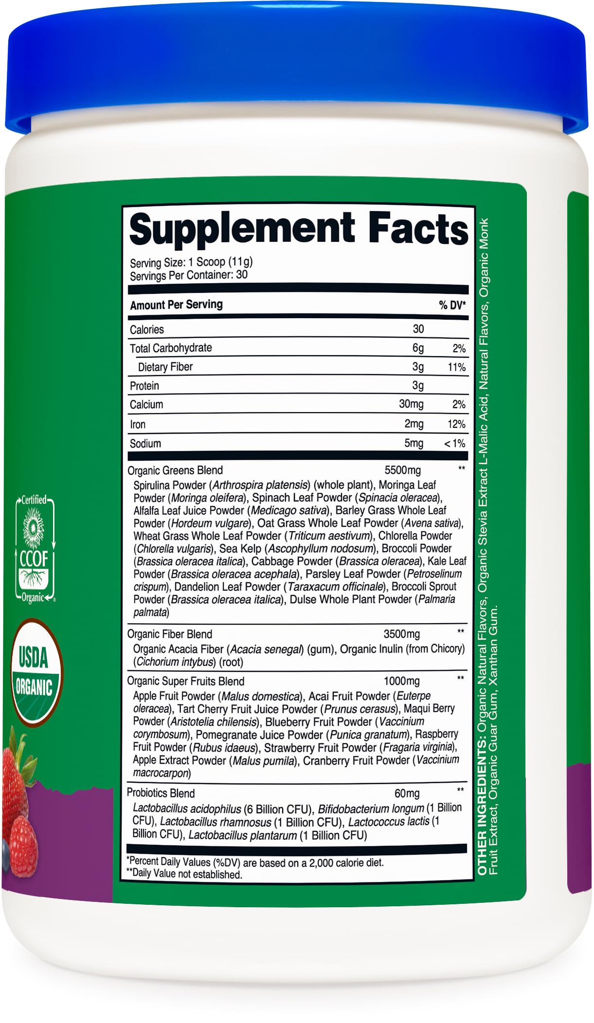 Pouring Nutricost greens into a glass with berries, highlighting zero sugar added and hydration.