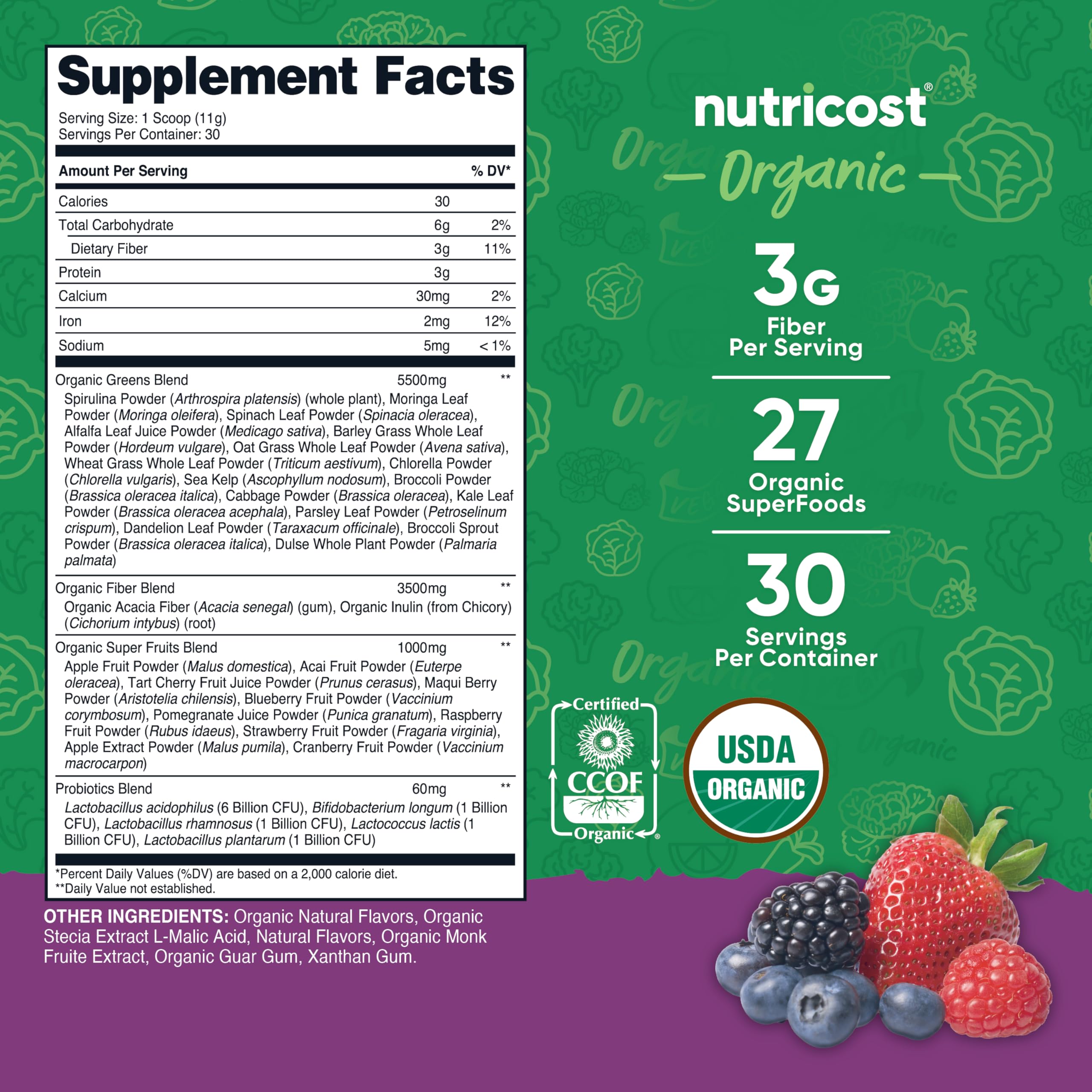 Nutricost Organic Super Greens Powder mixed berry shaken in glass, showing vegan and sugar-free notes.