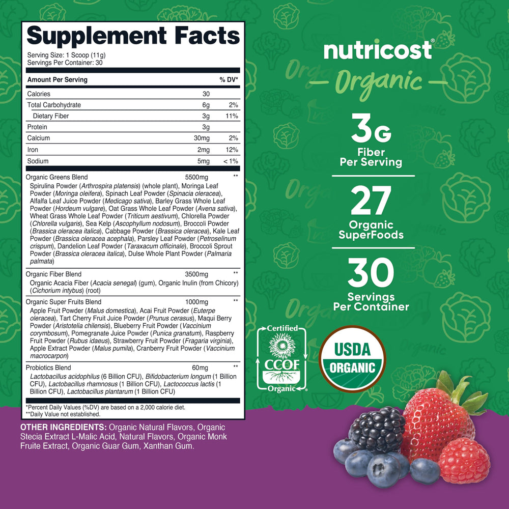 Nutricost Organic Super Greens Powder mixed berry shaken in glass, showing vegan and sugar-free notes.
