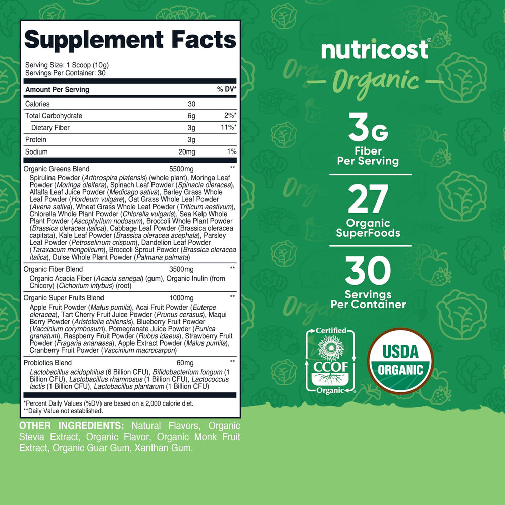 Nutricost Organic Super Greens Powder scoop for quick daily servings