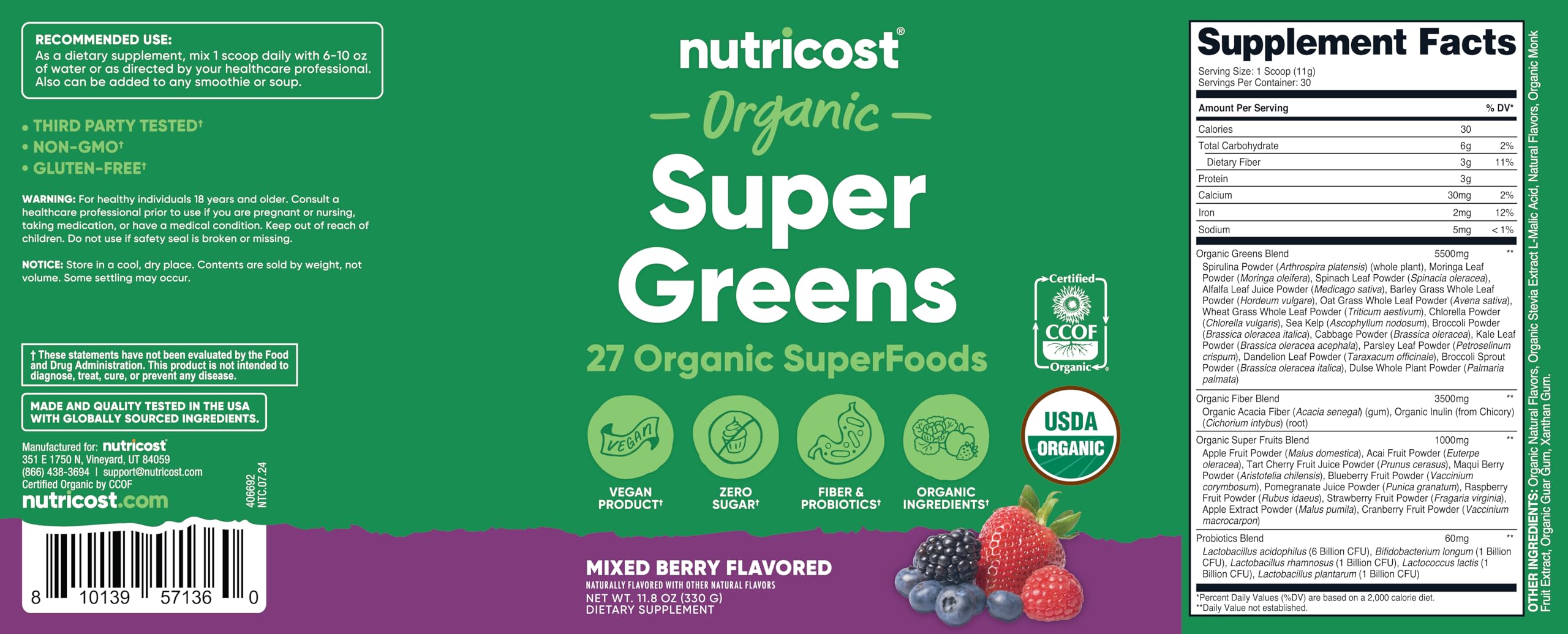 Serving scoop next to ingredients, illustrating 30 servings for convenient daily use.