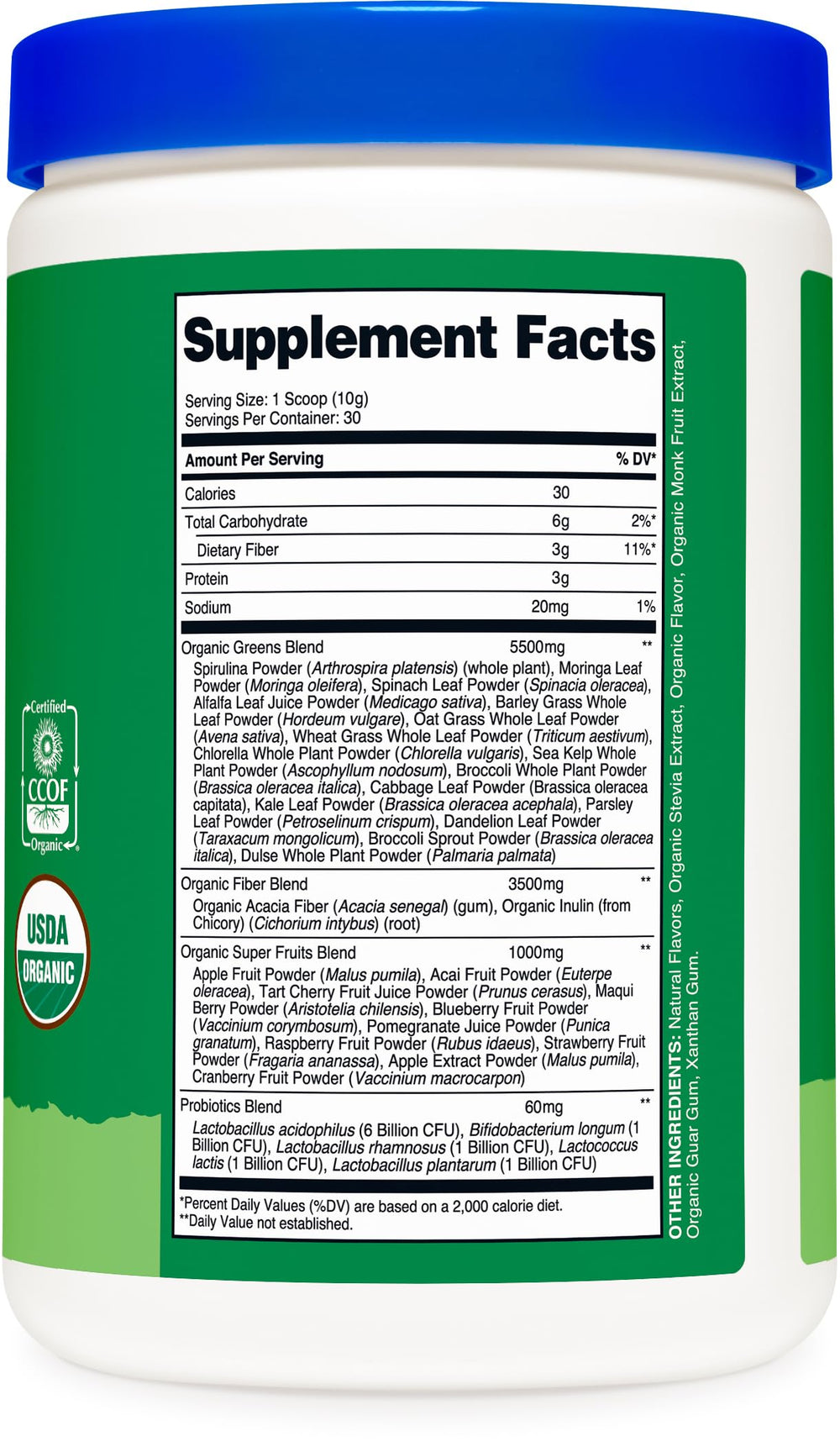 Nutricost Organic Super Greens Powder vegan certification logo beside product