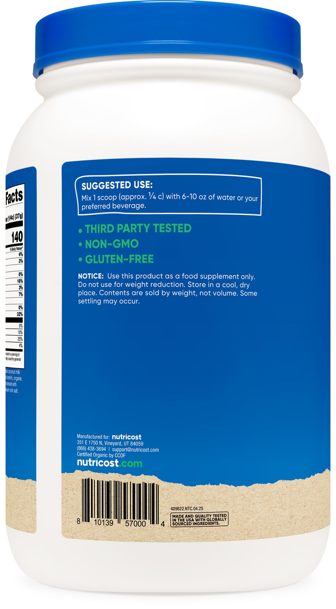 Gluten-free label on Nutricost packaging.