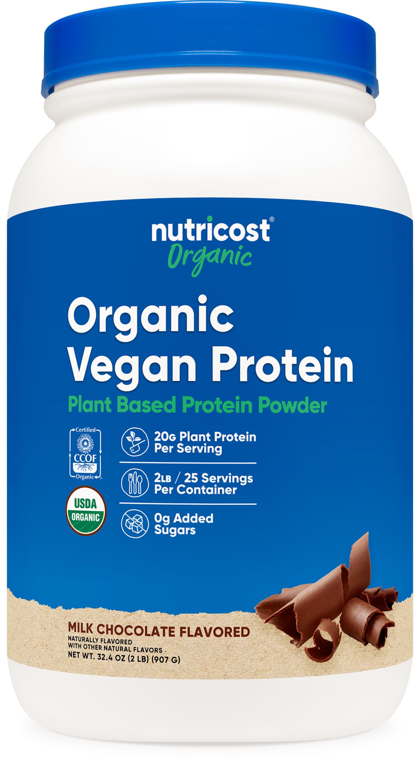 Nutricost Organic Vegan Protein Chocolate jar highlights gluten-free formula.