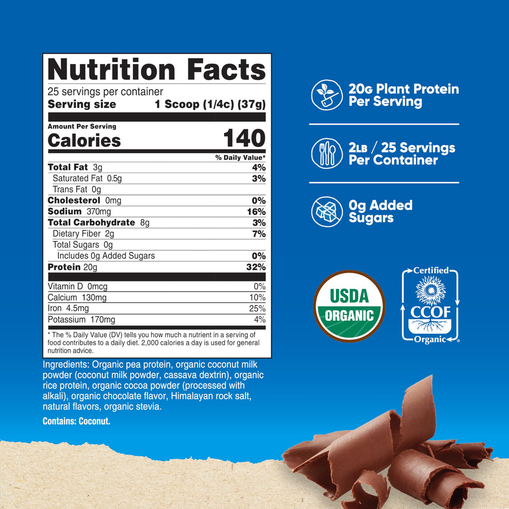 Nutricost Organic Vegan Protein Chocolate being poured into a shake cup.