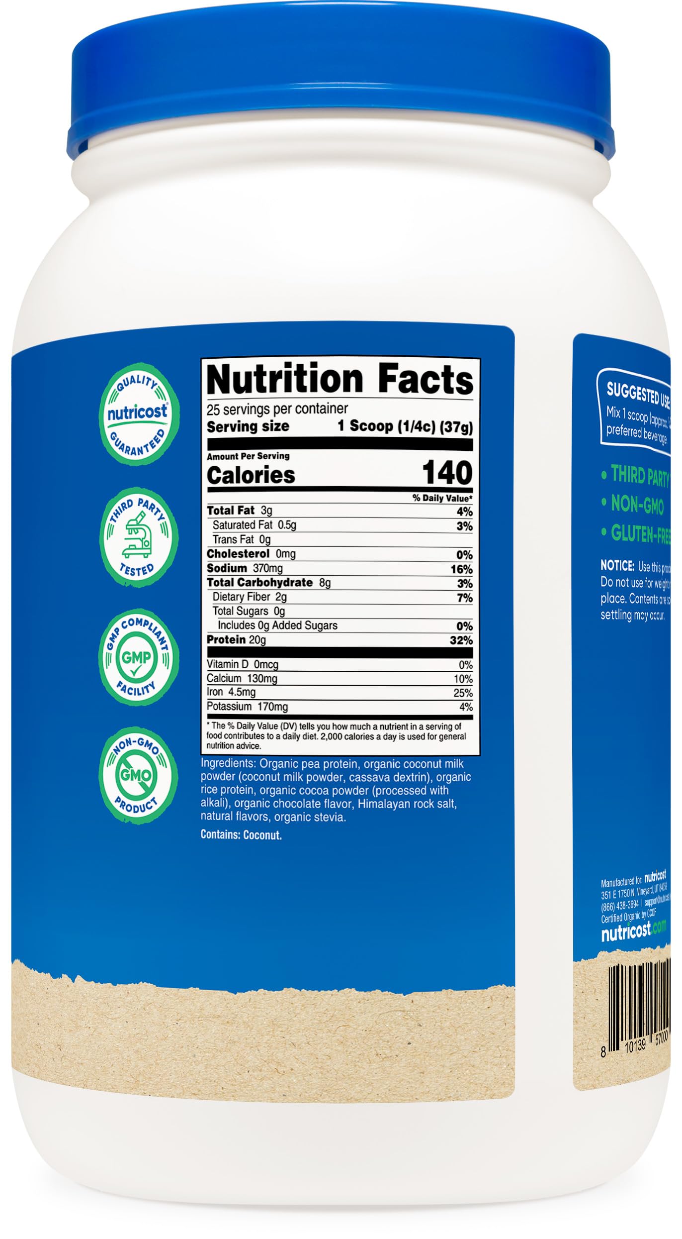 Independent third-party testing badge on Nutricost packaging.