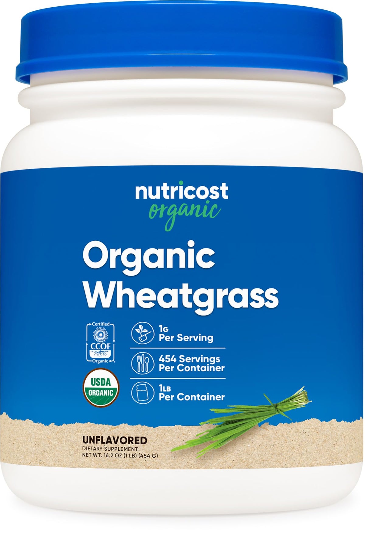 Nutricost Organic Wheatgrass Powder bottle showing pure green powder for smoothies and more