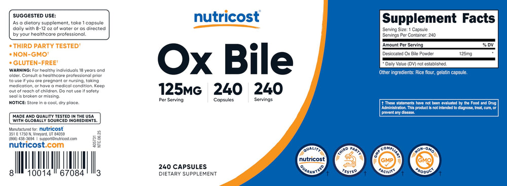 Nutricost Ox Bile Capsules bottle on table ready for use.