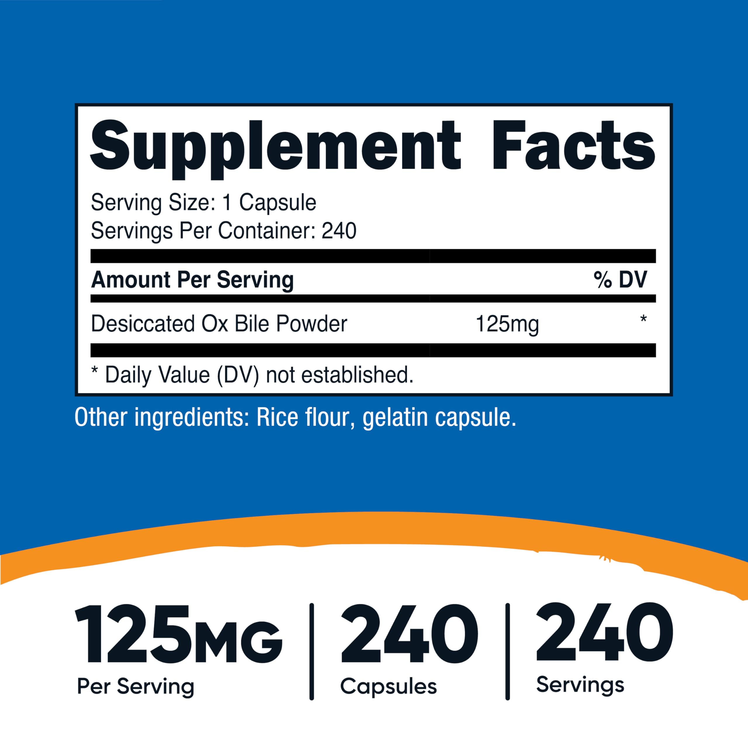 Nutricost Ox Bile Capsules close-up highlighting capsules and easy daily dosage.