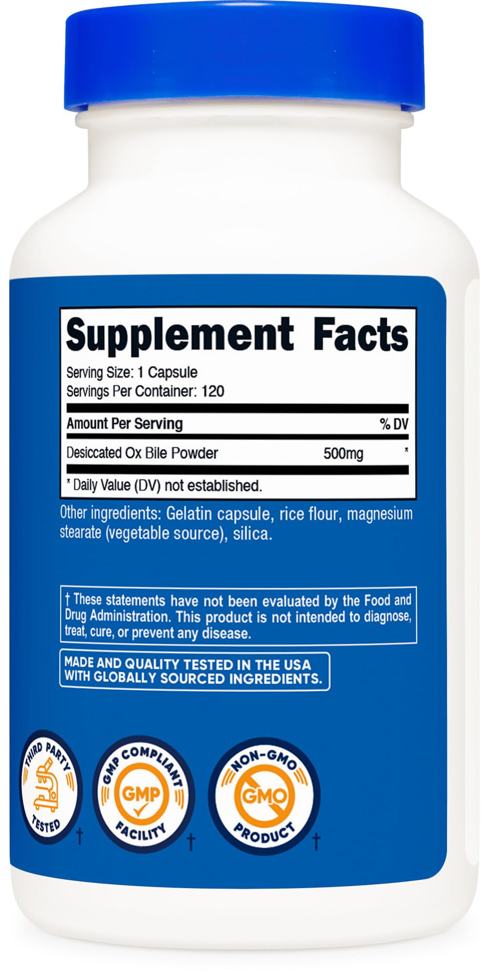 Nutricost Ox Bile capsules bottle with NSF GMP FDA facility logo.