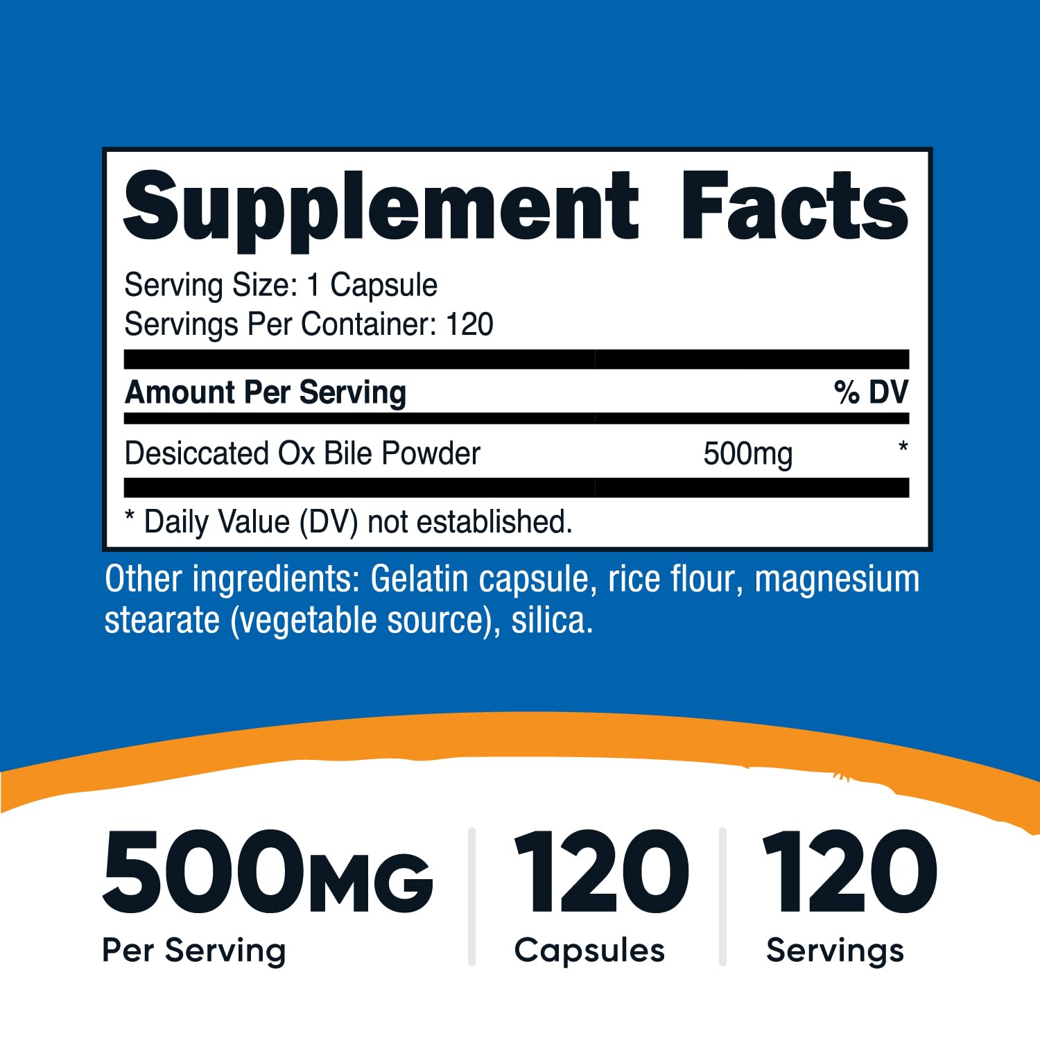 Nutricost Ox Bile capsules label lists 500 mg per capsule.