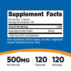 Nutricost Ox Bile capsules label lists 500 mg per capsule.