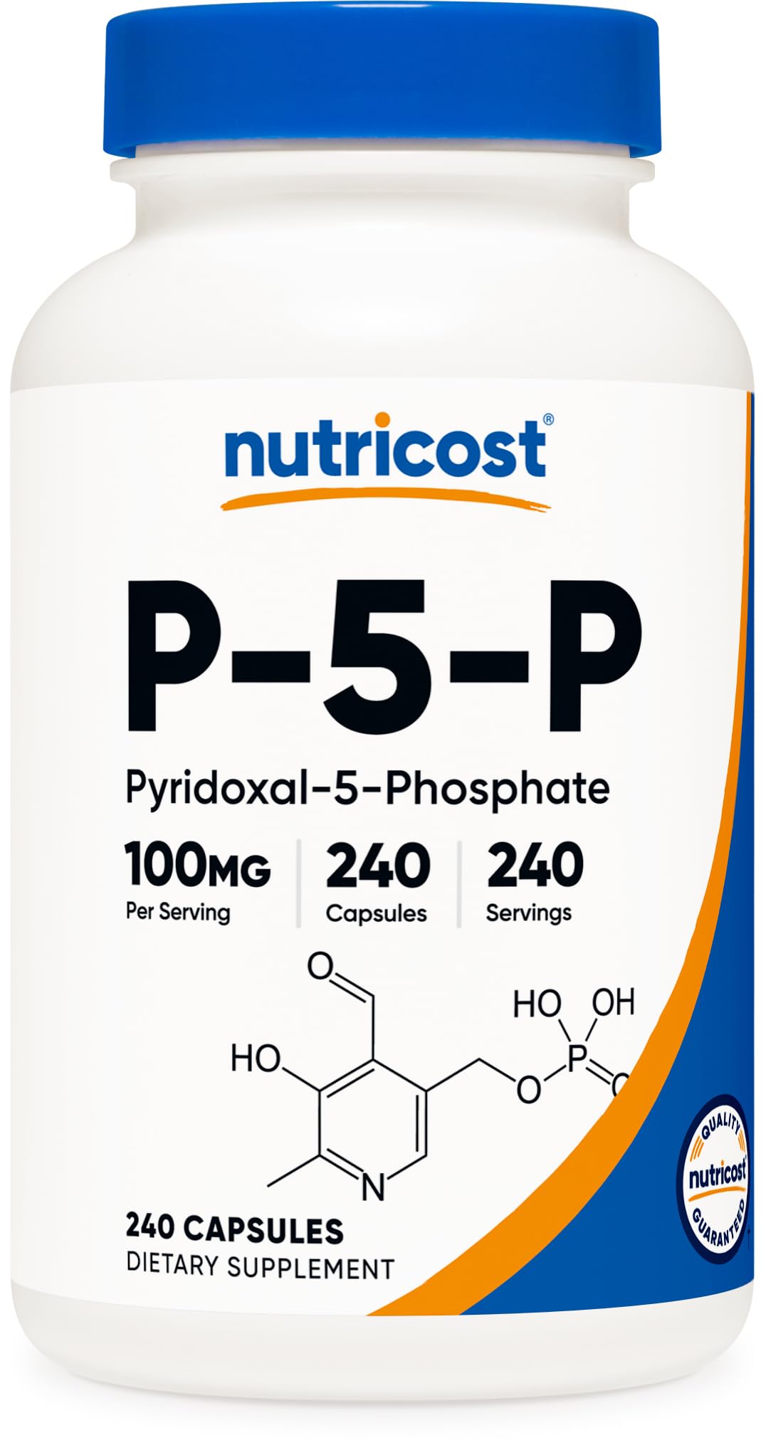 Nutricost P5P bottle front showing 100 mg B6 per capsule for daily use