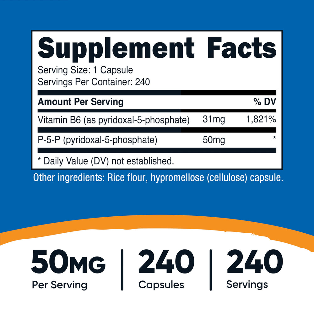 Close-up of Nutricost P5P 50mg capsule highlighting vegetarian-friendly formula.