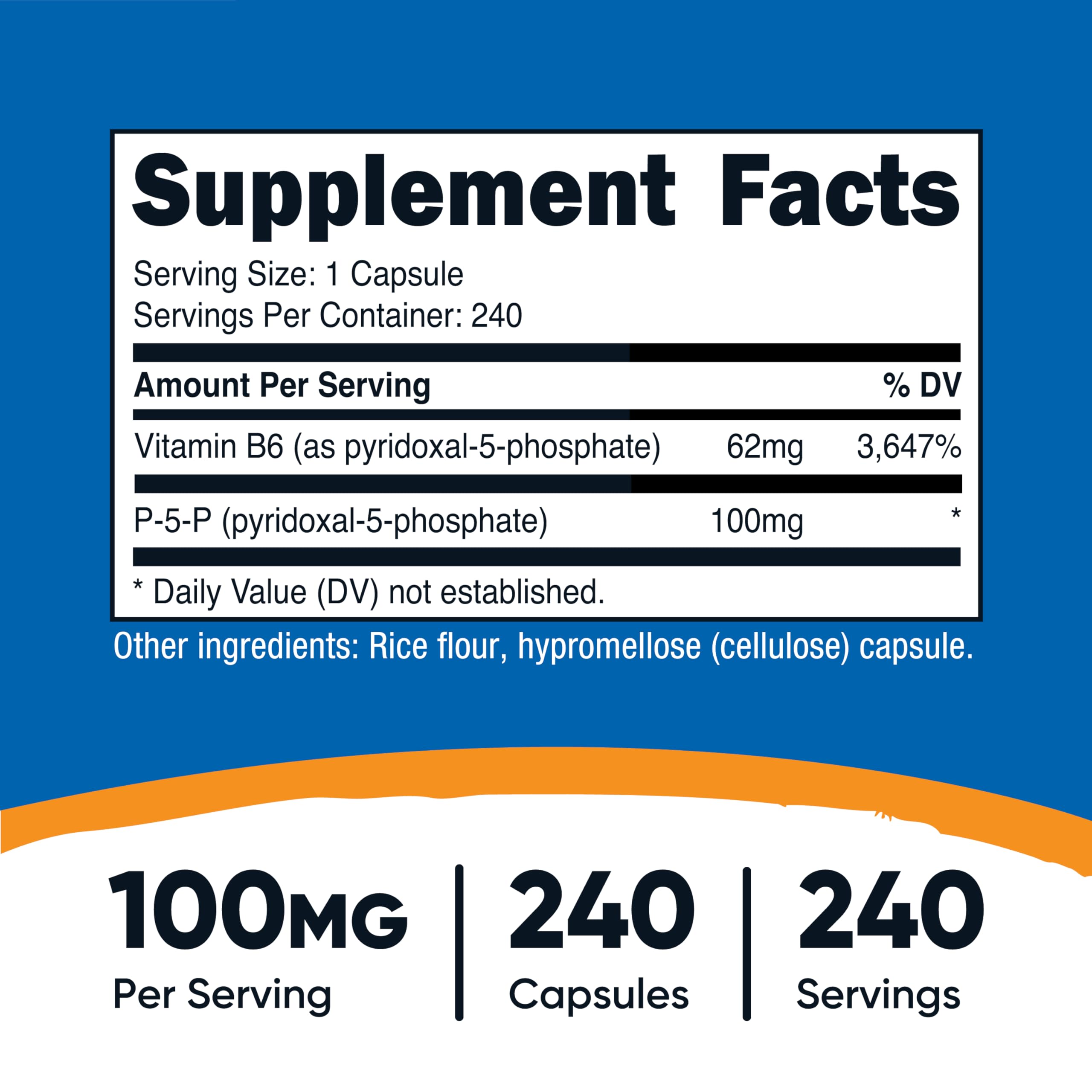 Nutricost P5P capsules close-up highlighting vegetarian-friendly, non-GMO, gluten-free formula