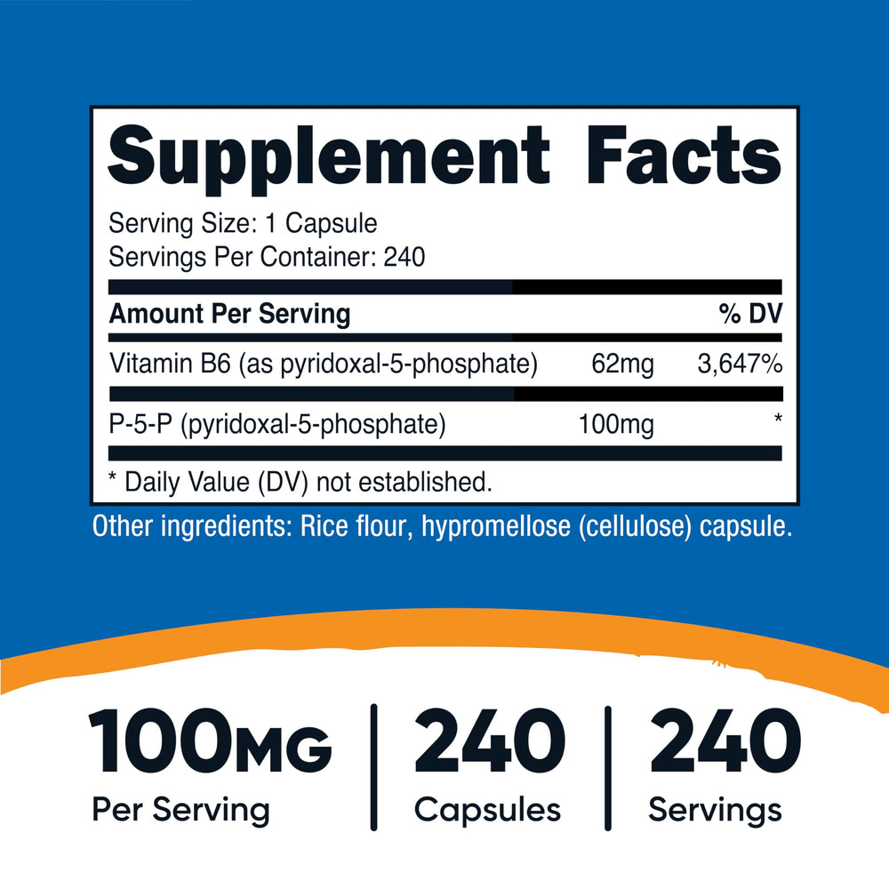 Nutricost P5P capsules close-up highlighting vegetarian-friendly, non-GMO, gluten-free formula