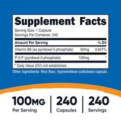 Nutricost P5P capsules close-up highlighting vegetarian-friendly, non-GMO, gluten-free formula