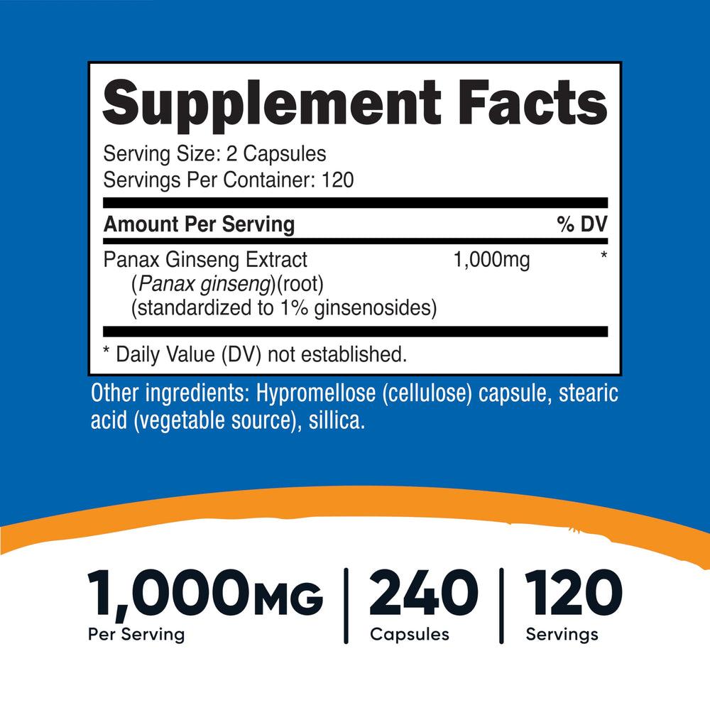 Nutricost Panax Ginseng capsules closeup highlights 1000 mg per serving
