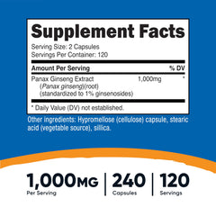Nutricost Panax Ginseng capsules closeup highlights 1000 mg per serving
