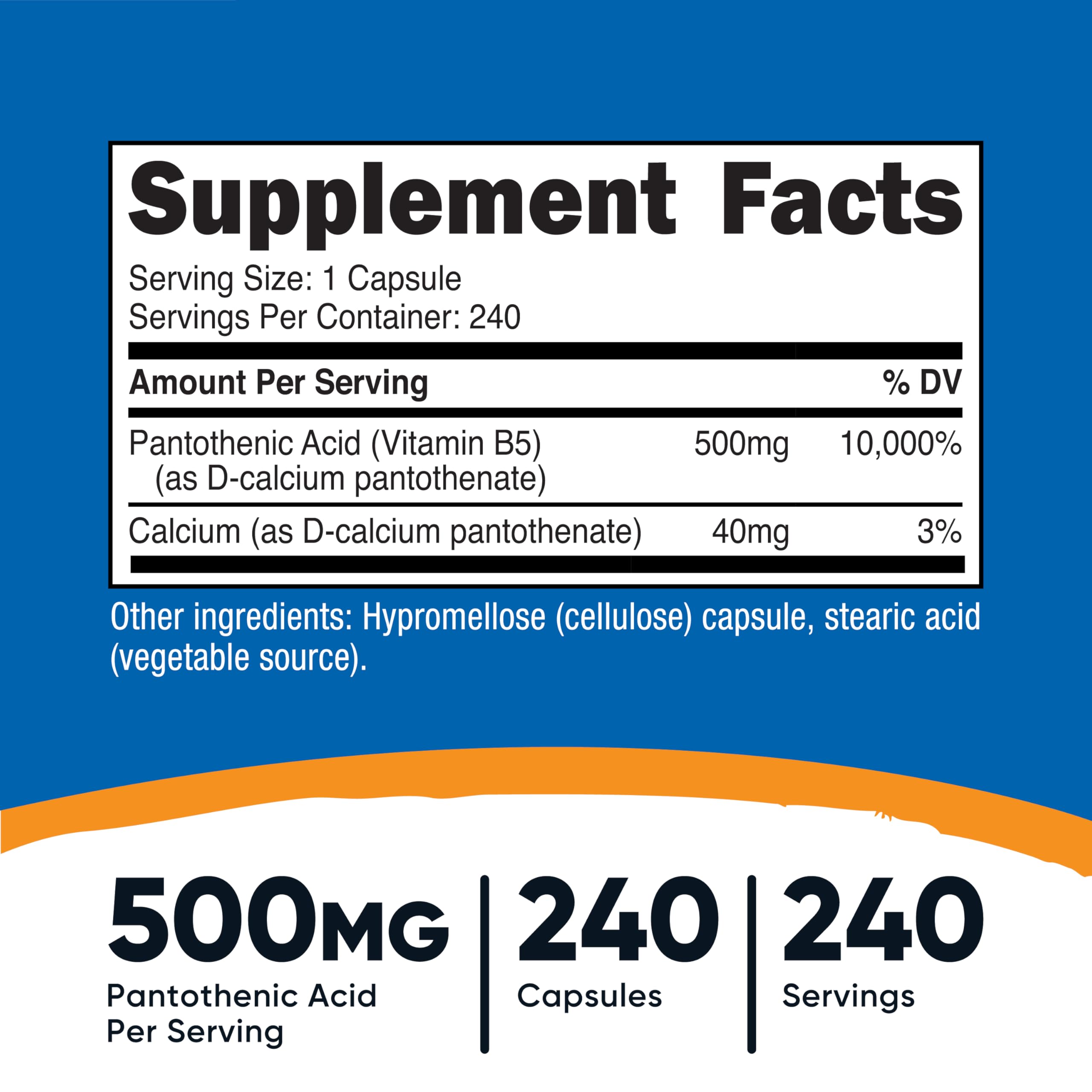 Nutricost Pantothenic Acid 500mg capsules stacked to show convenient daily routine