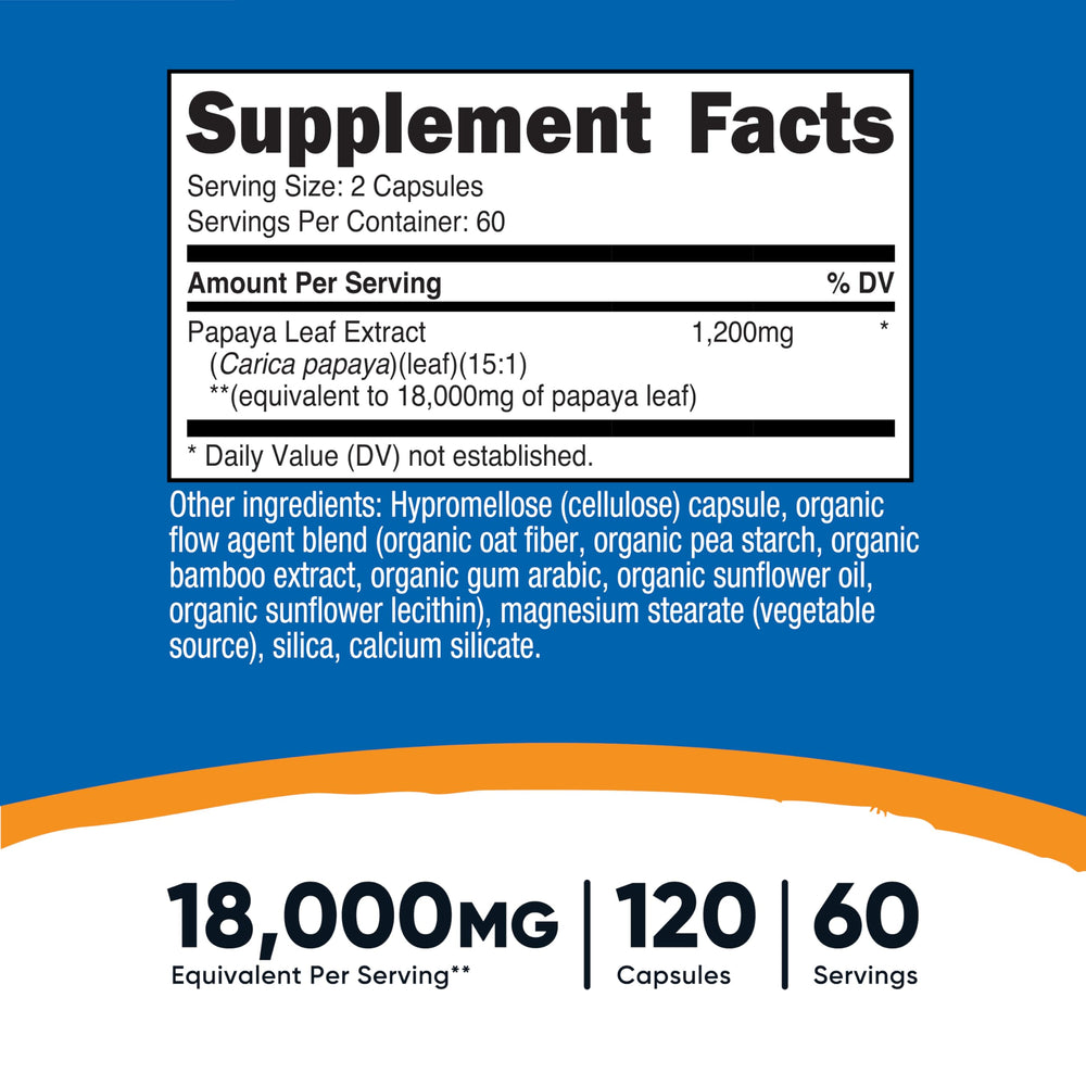 Closeup of Nutricost Papaya Leaf Extract capsules showing vegan formula